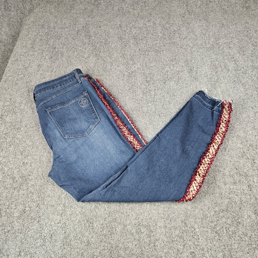 Laurie Felt Silky Sequin Stripe Ankle Skinny Jeans Dark Wash Blue Size L Stretch